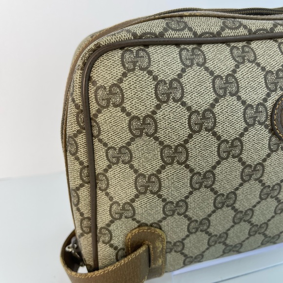 GUCCI Vintage GG Web PVC Canvas Leather Brown Clutch Toiletry Bag - Picture 3 of 12